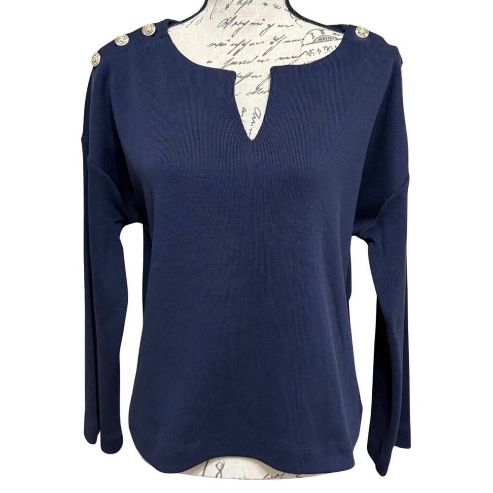 Ann Taylor Notch Neck Nautical Knit Top Size M Navy Brass Buttons 3/4 Sleeve NEW